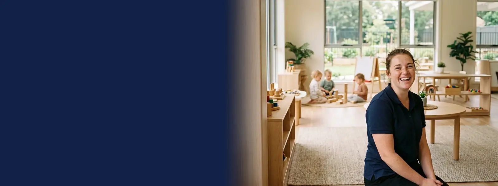 Early childhood educator smiling in a bright, modern early learning room while toddlers play with timber blocks