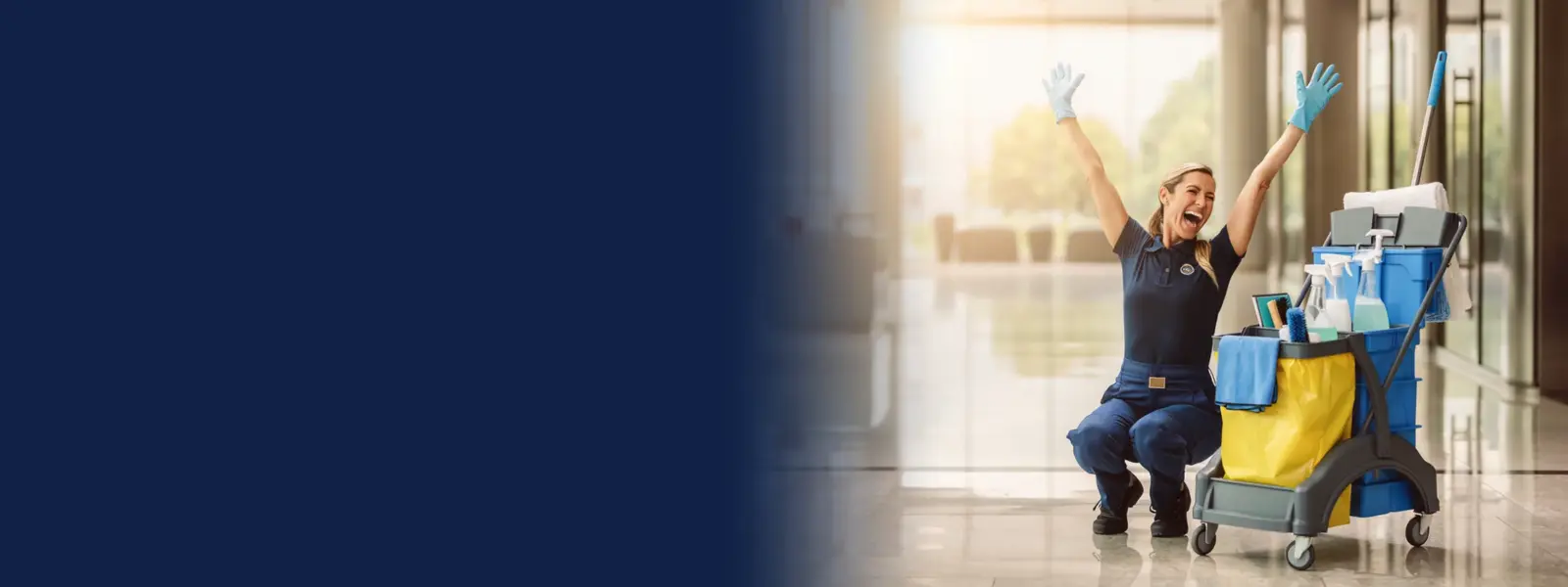 Commercial cleaner celebrating beside a cleaning trolley in an office foyer